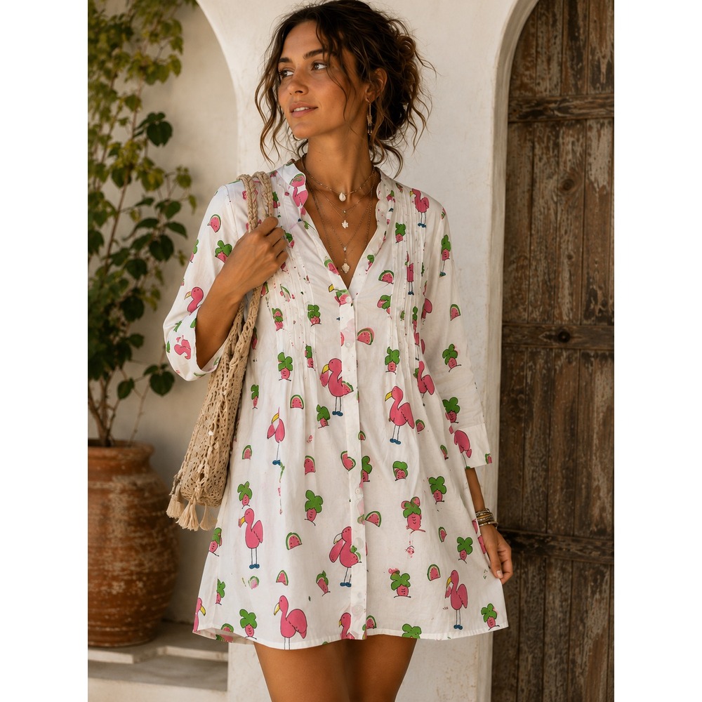 Mary Marshmallow Flamingo Watermelon Novelty Cotton Tunic Shirt Dress M Boho Fun